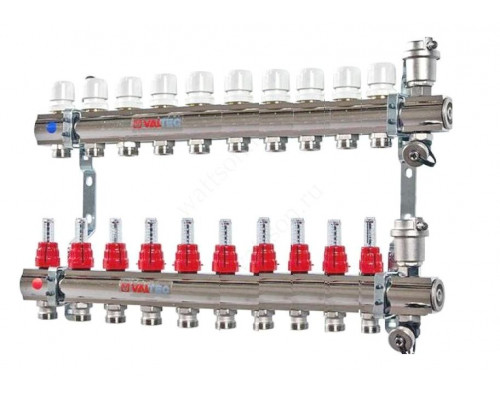 VALTEC, Коллекторная группа в сборе со встр. расх. из нерж. стали 1  х 10 вых. Eвроконус 3/4