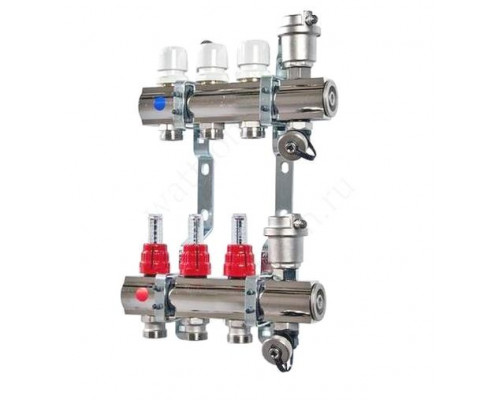 VALTEC, Коллекторная группа в сборе со встр. расх. из нерж. стали 1  х 3 вых. Eвроконус 3/4