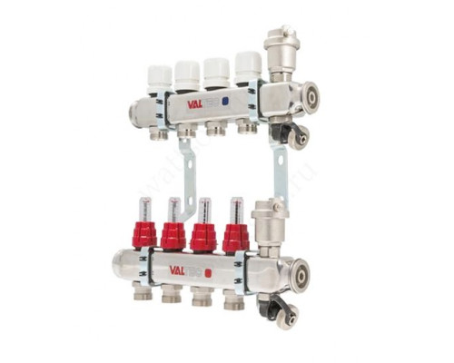 VALTEC, Коллекторная группа в сборе со встр. расх. из нерж. стали 1  х 4 вых. Eвроконус 3/4