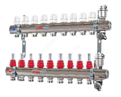 VALTEC, Коллекторная группа в сборе со встр. расх. из нерж. стали 1  х 9 вых. Eвроконус 3/4